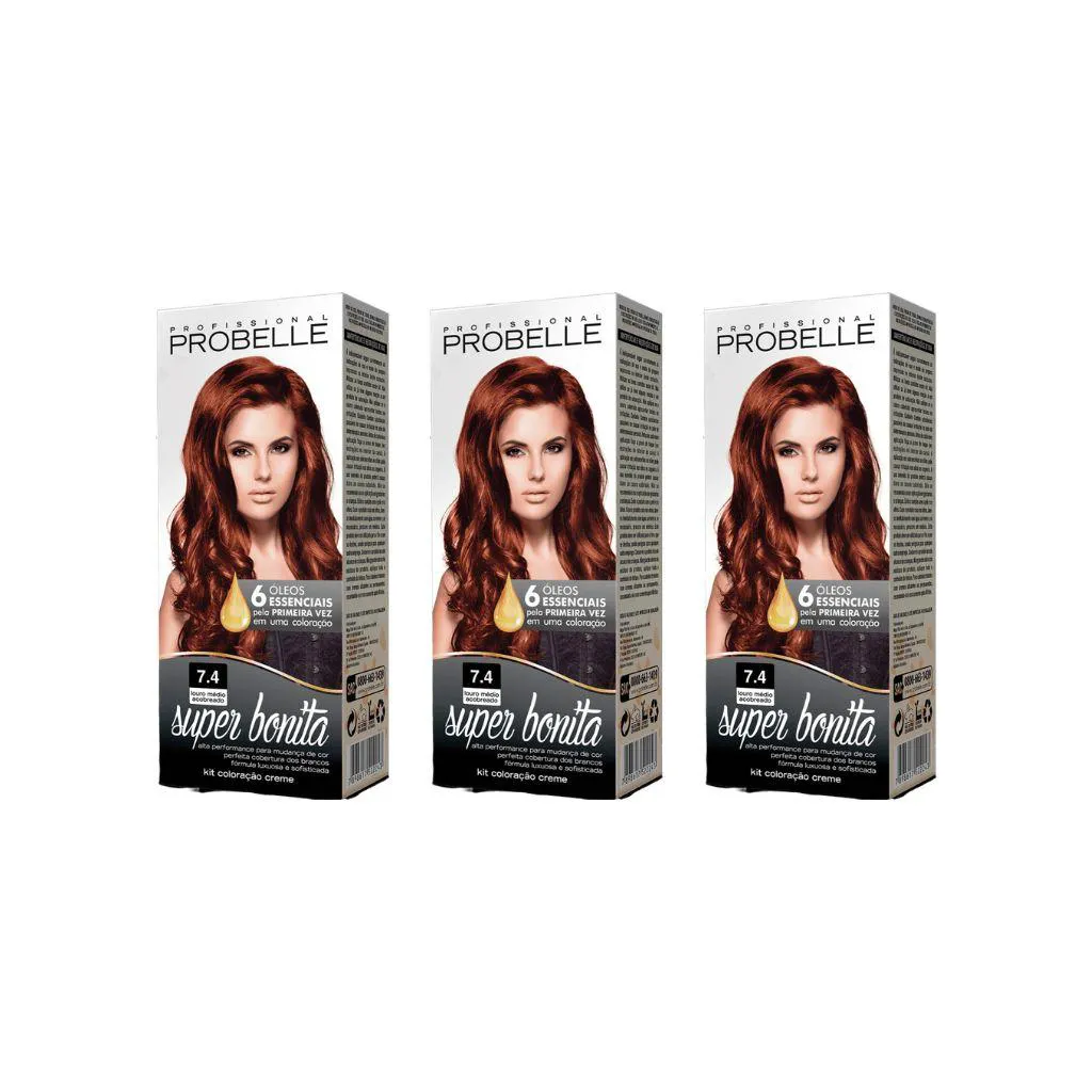 COLORAçAO PROBELLE SUPER BONITA 7.4 LOURO MEDIO ACOBREADO - KIT C/ 3UN