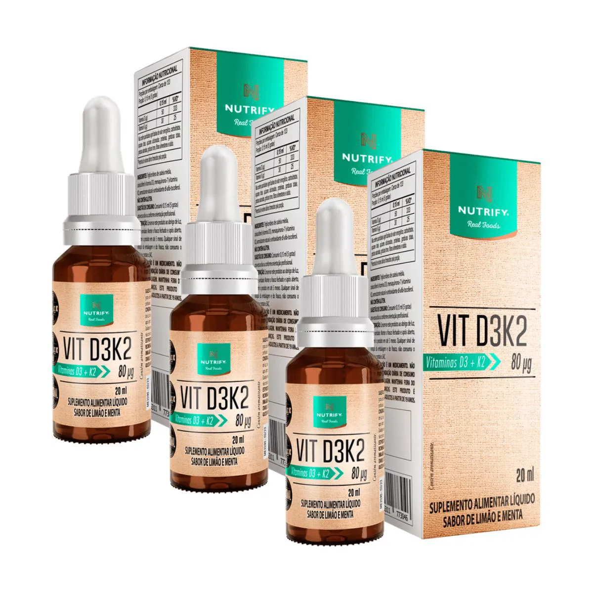 3X VITAMINA D3 + K2 SABOR LIMãO E MENTA NUTRIFY 20ML SEM Sabor