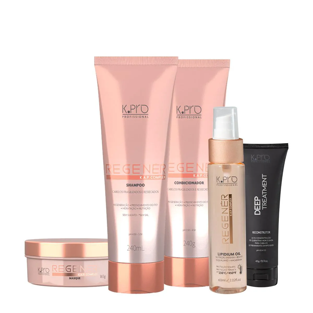KIT K.PRO PROFESSIONAL REGENéR SHAMPOO CONDICIONADOR MáSCARA ÓLEO CAPILAR E TRATAMENTO RECONSTRUTOR (5 PRODUTOS)