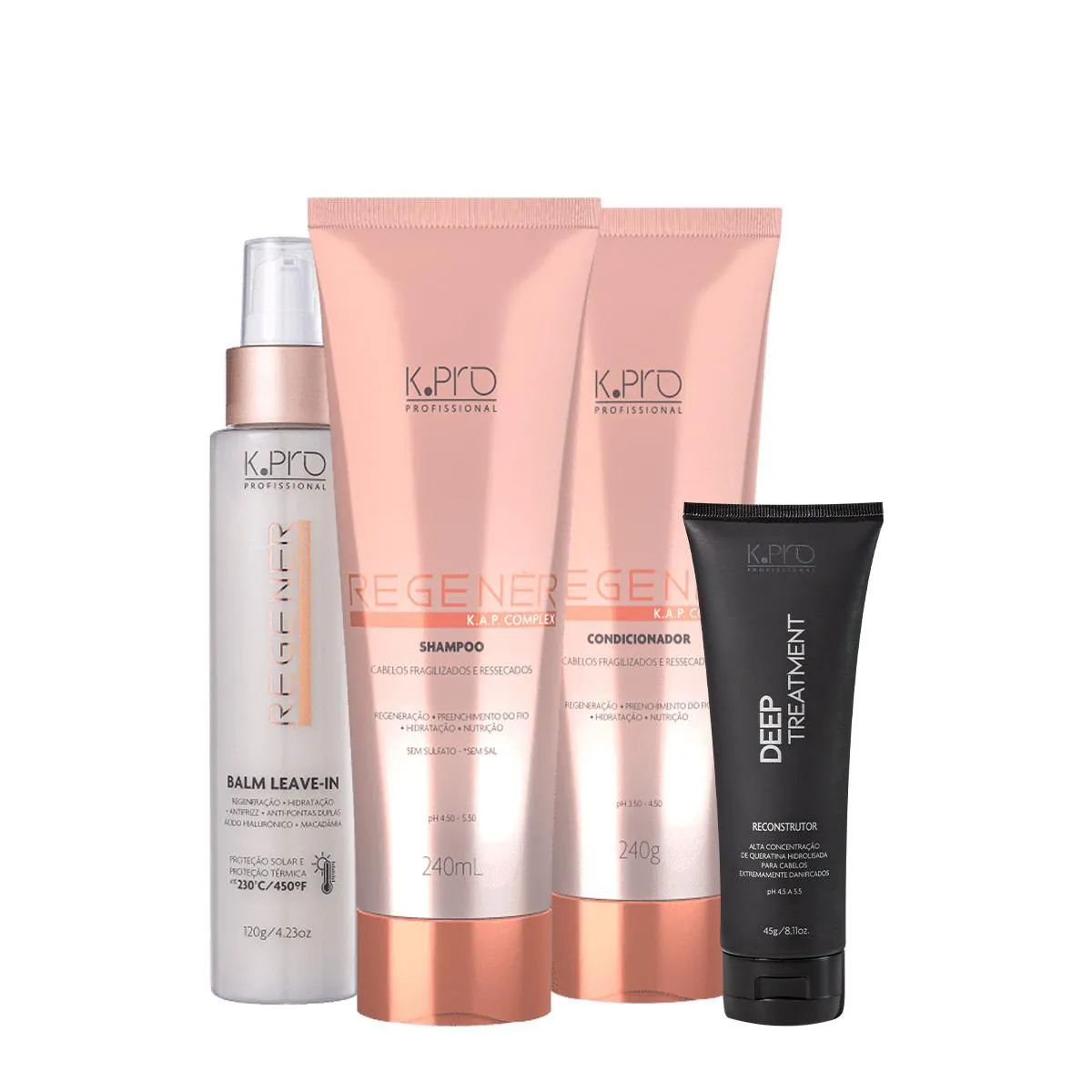 KIT K.PRO PROFESSIONAL REGENéR SHAMPOO CONDICIONADOR LEAVE-IN E TRATAMENTO RECONSTRUTOR (4 PRODUTOS)