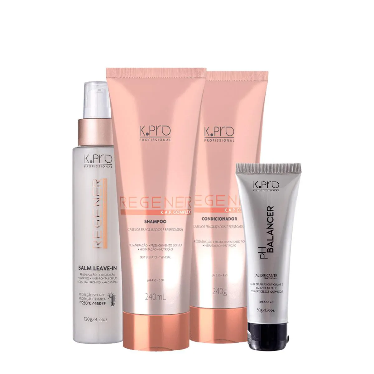 KIT K.PRO PROFESSIONAL REGENéR SHAMPOO CONDICIONADOR LEAVE-IN E ACIDIFICANTE (4 PRODUTOS)