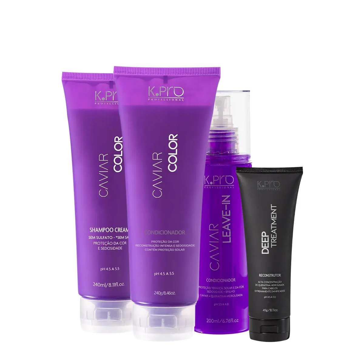 KIT K.PRO PROFESSIONAL CAVIAR COLOR SHAMPOO CONDICIONADOR SPRAY LEAVE-IN E TRATAMENTO RECONSTRUTOR (4 PRODUTOS)