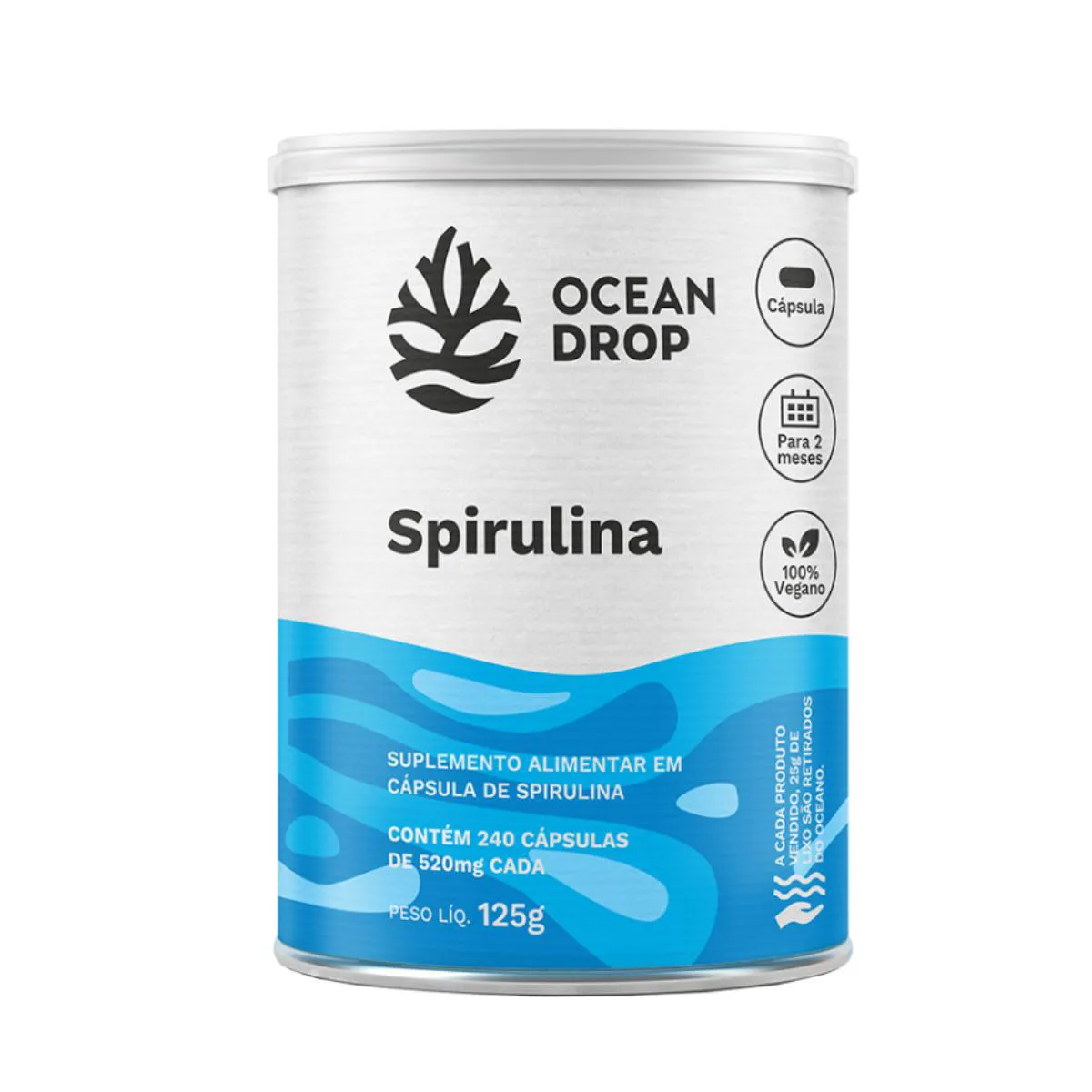 SPIRULINA 520MG FERRO VITAMINA B12 OCEAN DROP 240 CáPSULAS SEM Sabor