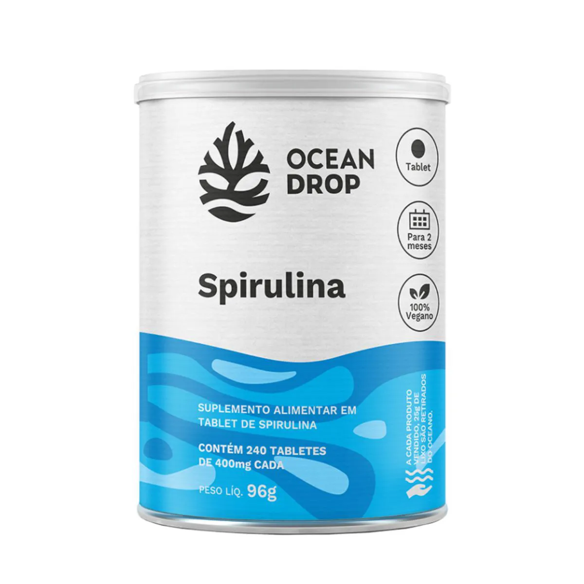 SPIRULINA 400MG FERRO VITAMINA B12 OCEAN DROP 240 TABLETES SEM Sabor