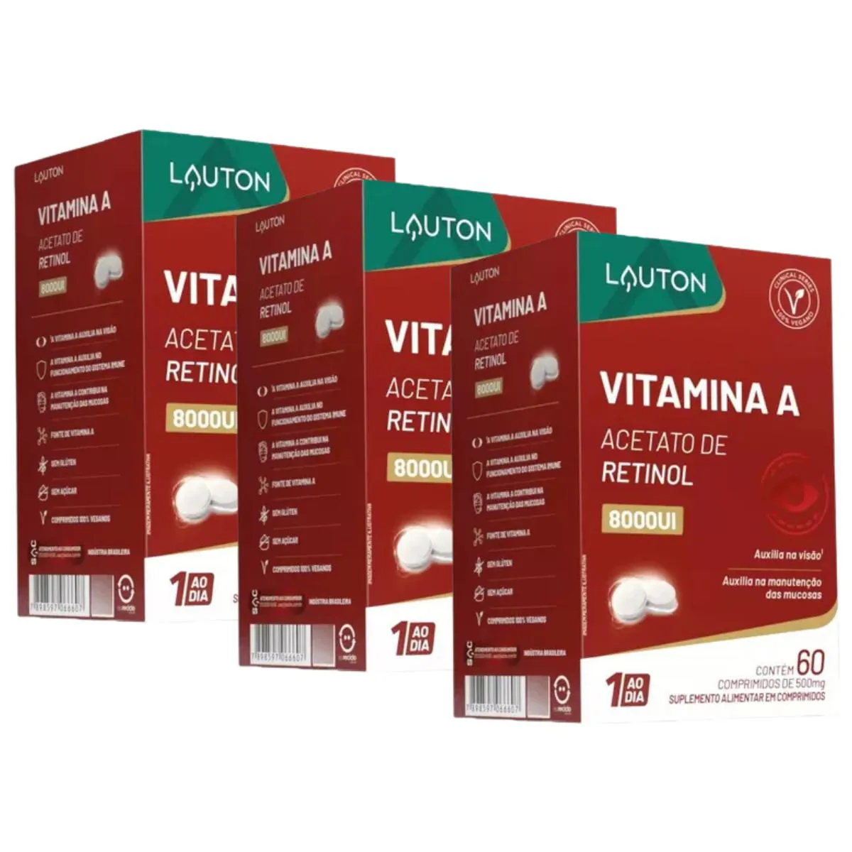 3X VITAMINA A 8.000UI ACETATO DE RETINOL LAUTON 60 CAPSULAS SEM Sabor
