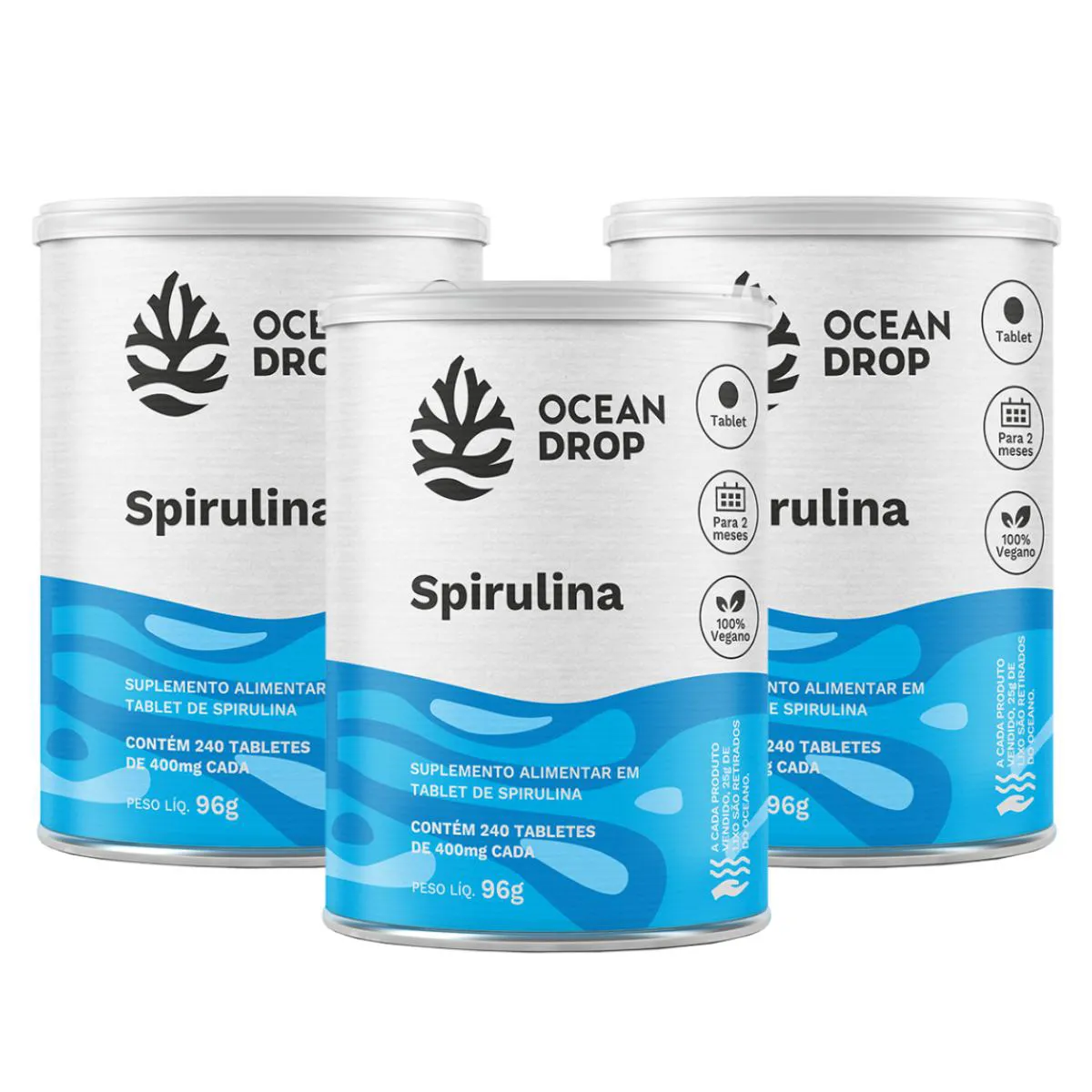 3X SPIRULINA FERRO VITAMINA B12 OCEAN DROP 240 TABLETES SEM Sabor