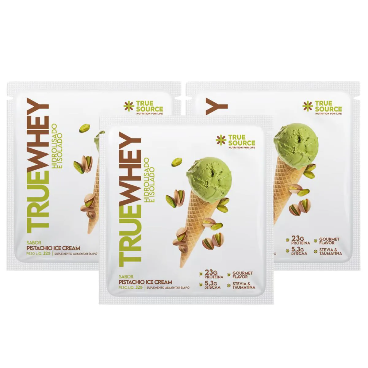 3X SACHê TRUE WHEY PROTEíNA PISTACHE ICE CREAM TRUE SOURCE 32G