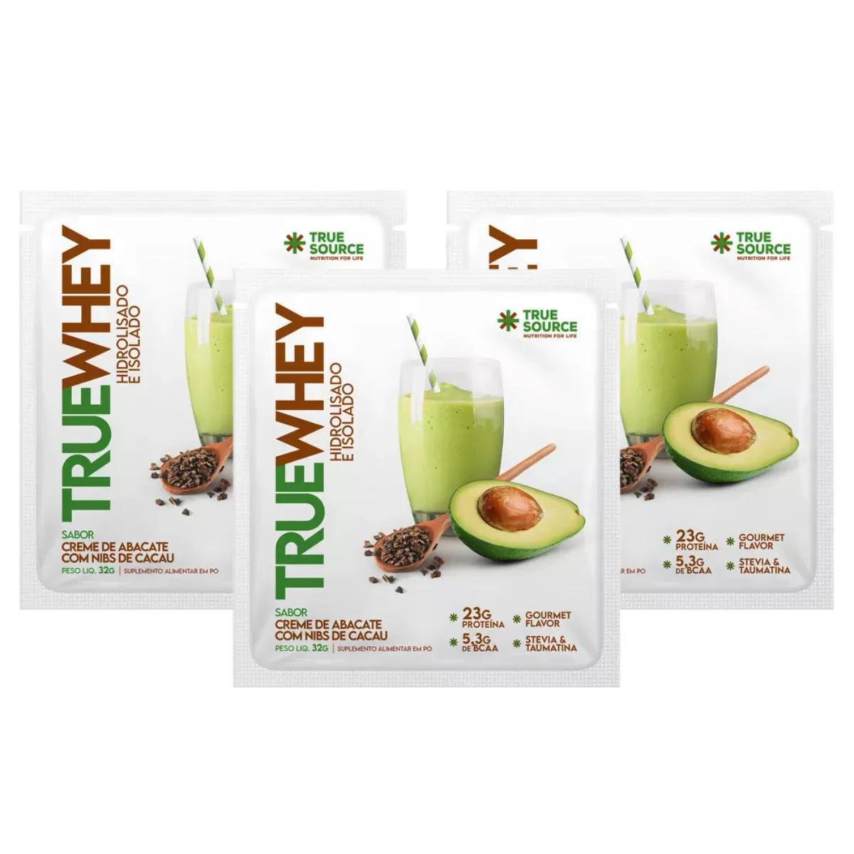 3X SACHê TRUE WHEY PROTEíNA CREME DE ABACATE NIBS DE CACAU TRUE SOURCE 32G Creme DE Abacate COM Nibs DE Cacau