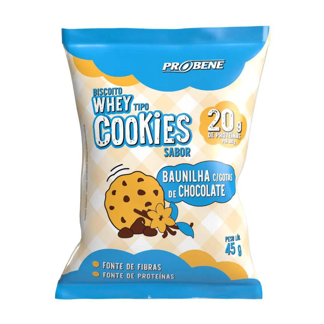 KIT  DE 10 WHEY COOOKIES - COOKIE PROTEICO SABOR BAUNILHA C/ GOTAS DE CHOCOLATE 45 G