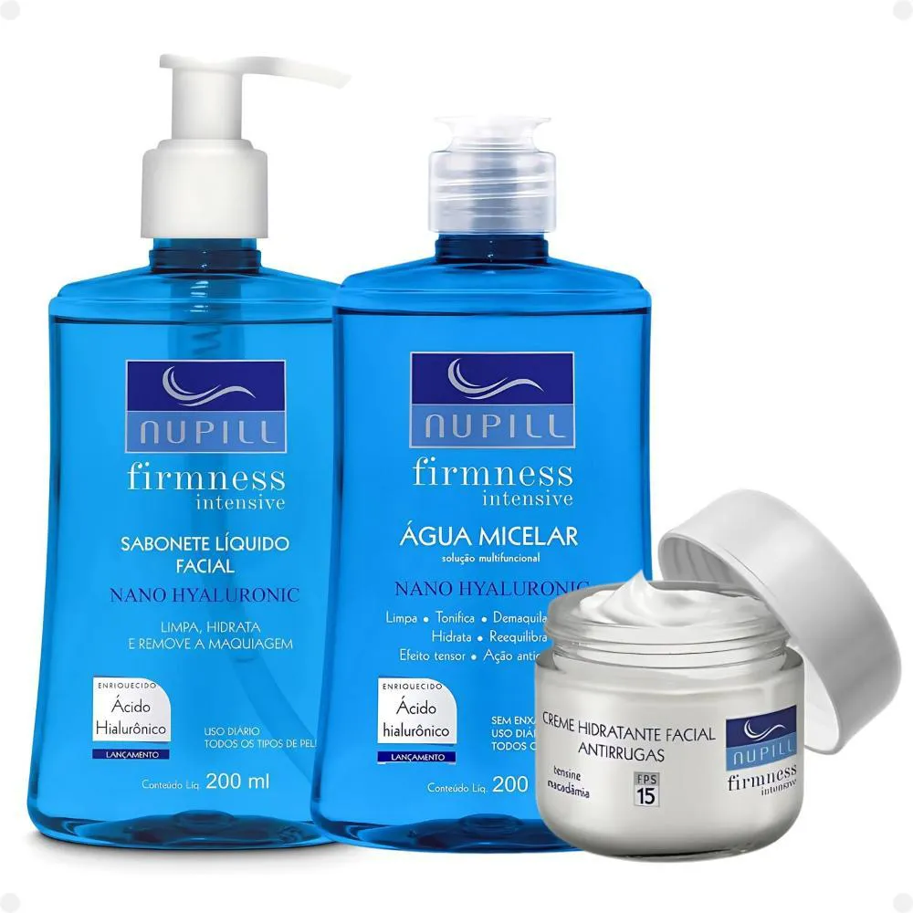 KIT NUPILL FIRMNESS INTENSIVE NANO HYALURONIC: SABONETE, ÁGUA MICELAR E CREME ANTIRRUGAS