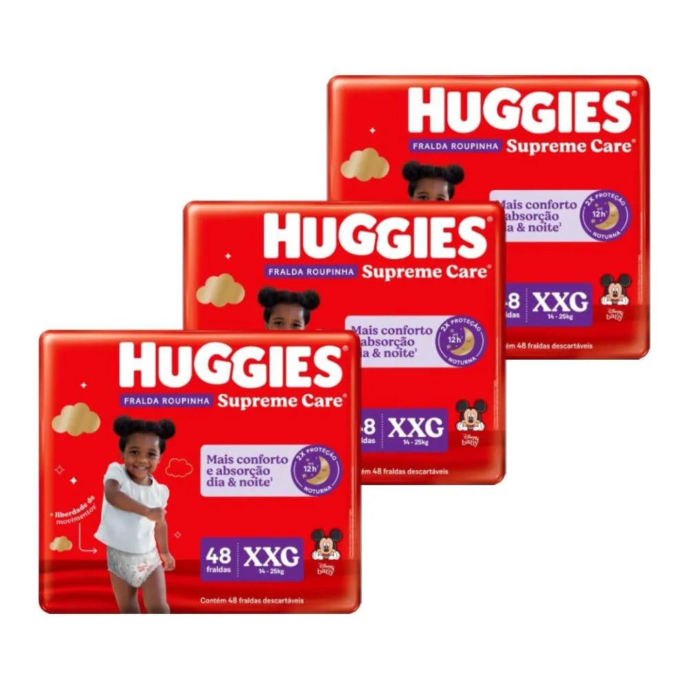 FRALDA DESCARTáVEL HUGGIES HIPER ROUPINHA SUPREME CARE TAMANHO XXG - 3 PACOTES COM 48 FRALDAS - TOTAL 144 TIRAS