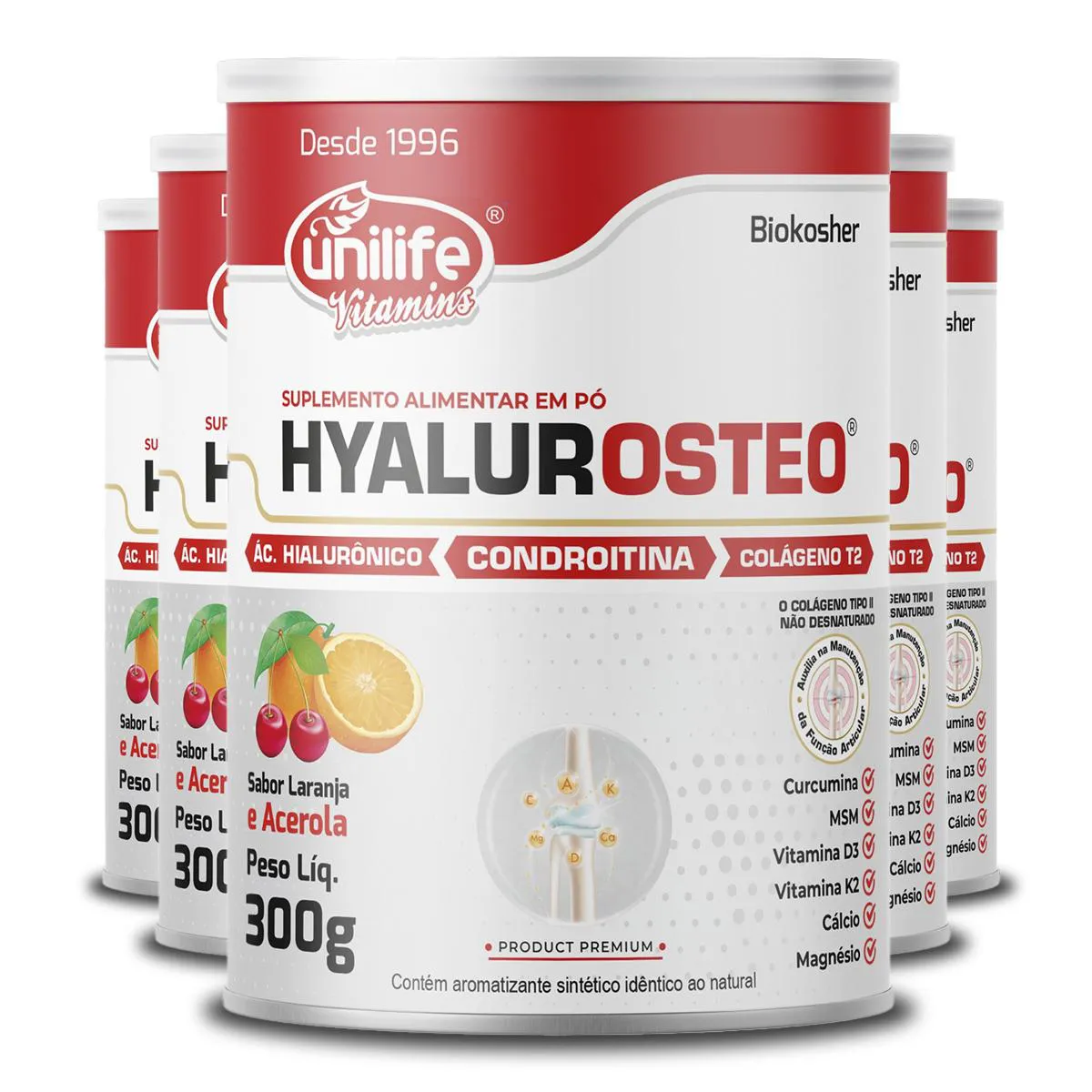 KIT 5 HYALUROSTEO CONDROITINA UNILIFE LARANJA COM ACEROLA 300G