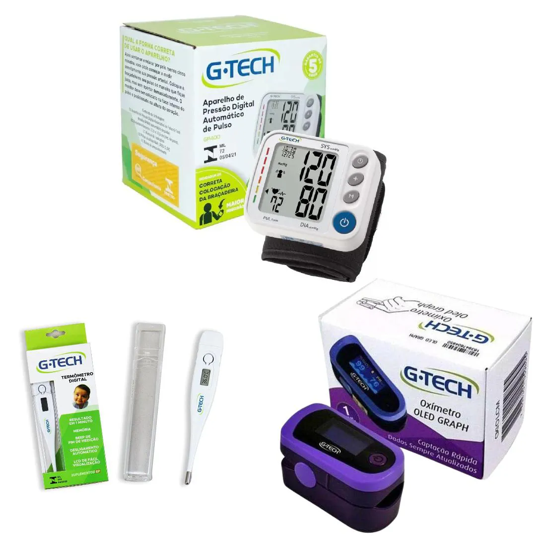 KIT PRIMEIROS SOCORROS G-TECH COM APARELHO DE PRESSãO GP400/ OXíMETRO DE DEDO /TERMôMETRO TH1027