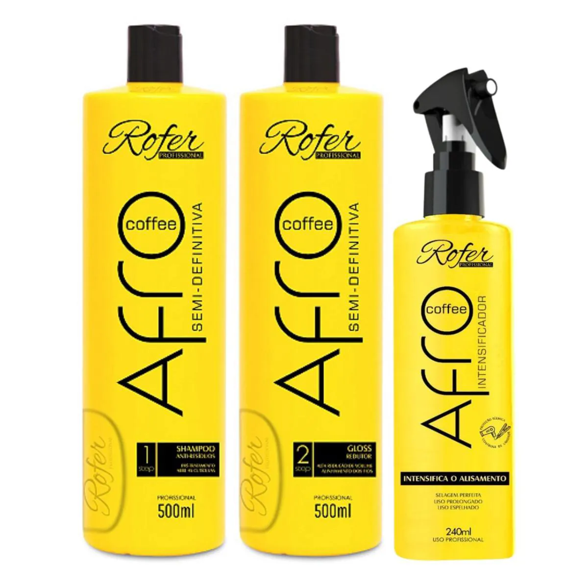 KIT PROGRESSIVA SEMI-DEFINITIVA 2X500ML + INTENSIFICADOR PARA PROGRESSIVA AFRO COFFEE ROFER PROFISSIONAL 240ML