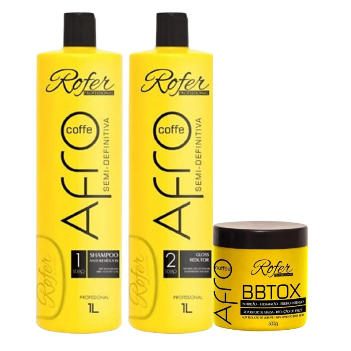 KIT PROGRESSIVA SEMI-DEFINITIVA AFRO COFFEE ROFER 2X1000ML + BBTOX AFRO COFFEE ROFER PROFISSIONAL 500G