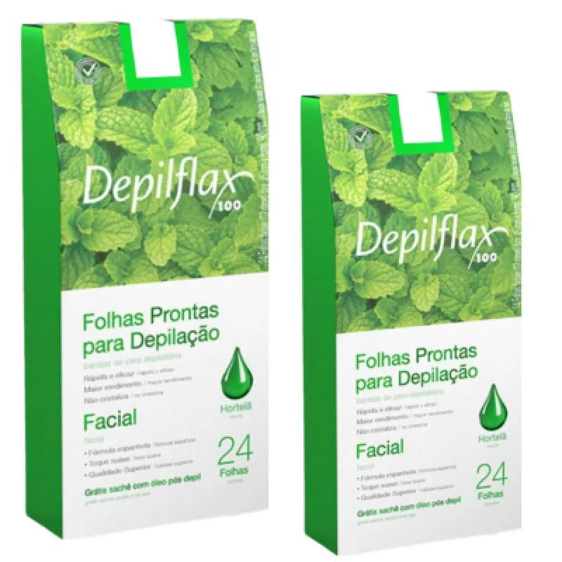 KIT C/ 2 CAIXAS DE FOLHAS PARA DEPILAçãO FACIAL HORTELã DEPILFLAX C/24 UNID CADA