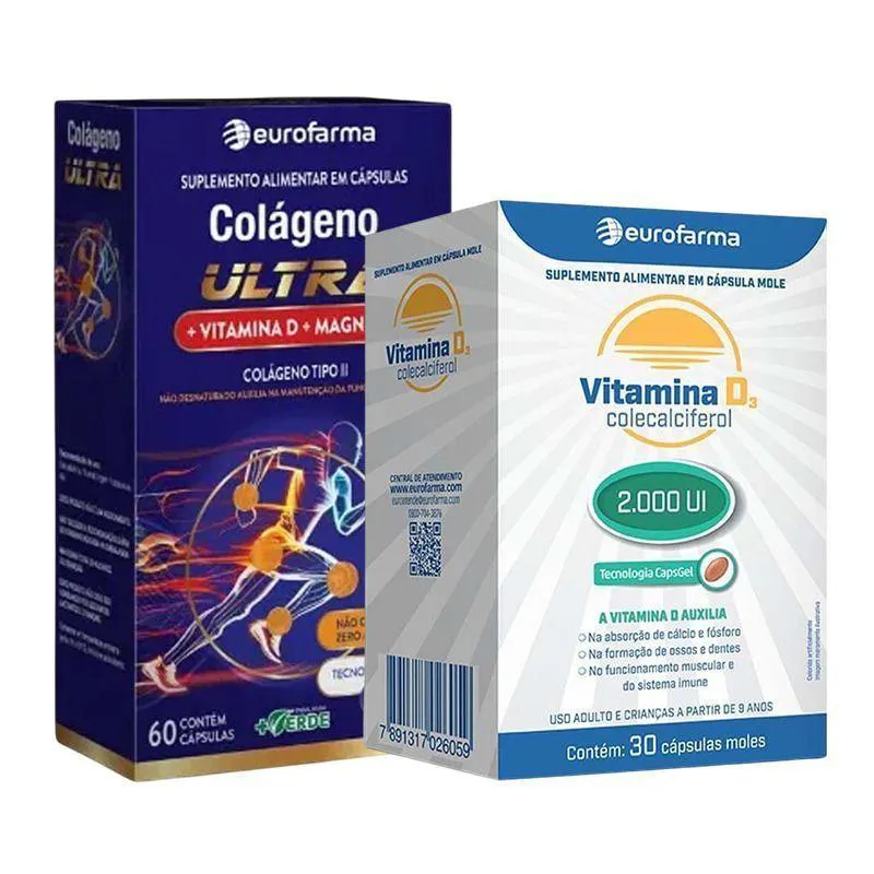 KIT COLáGENO ULTRA TIPO II + VITAMINA D3 2.000UI EUROFARMA 30 CáPSULAS