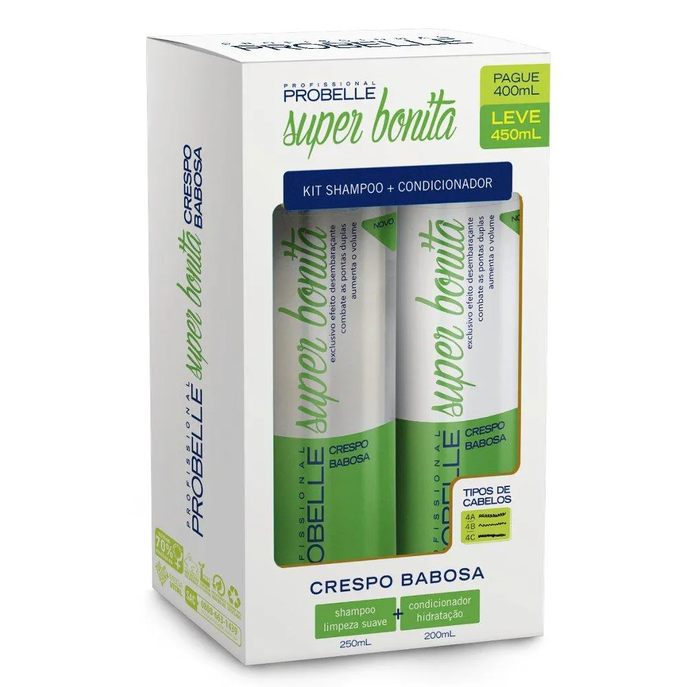 SHAMPOO 250ML + CONDICIONADOR PROBELLE SUPER BONITA BABOSA CABELO CRESPO, 200ML