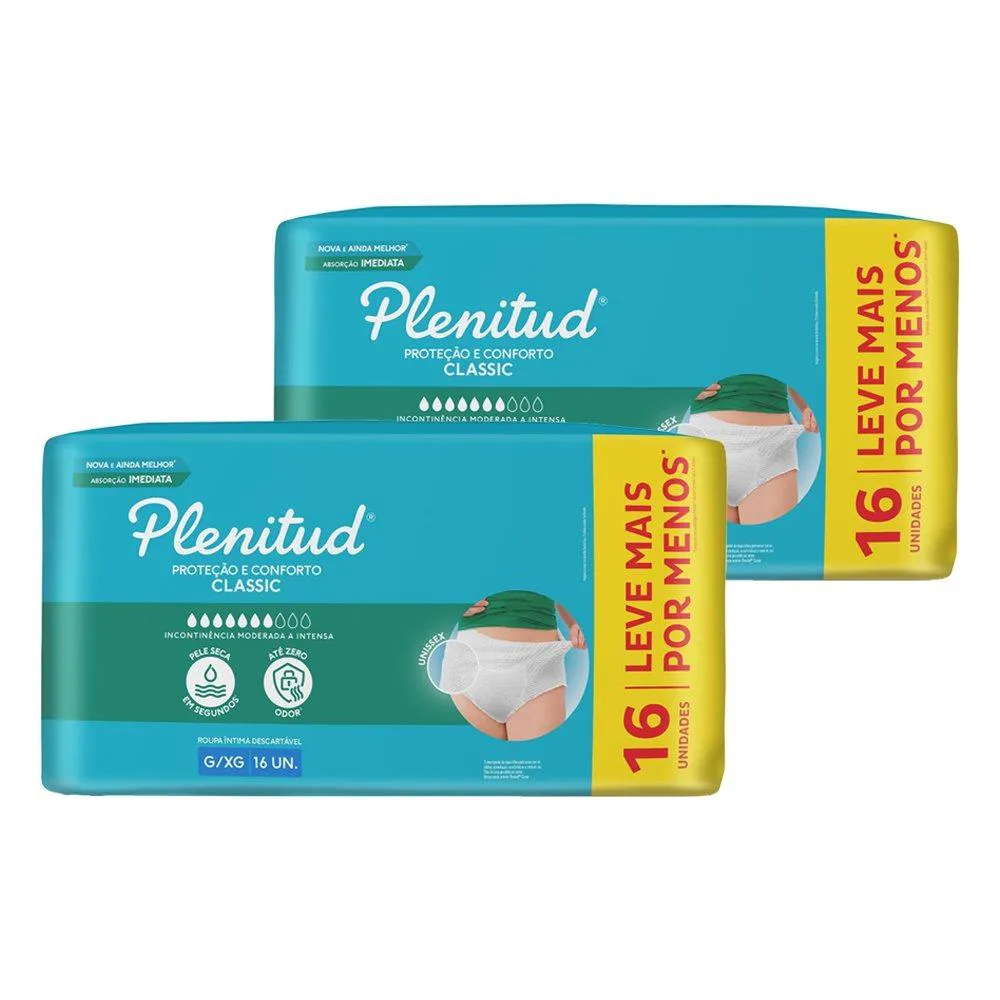 ROUPA ÍNTIMA GERIáTRICA PLENITUD CLASSIC INTENSA TAMANHO G/XG - 2 PACOTES COM 16 FRALDAS - TOTAL 32 TIRAS