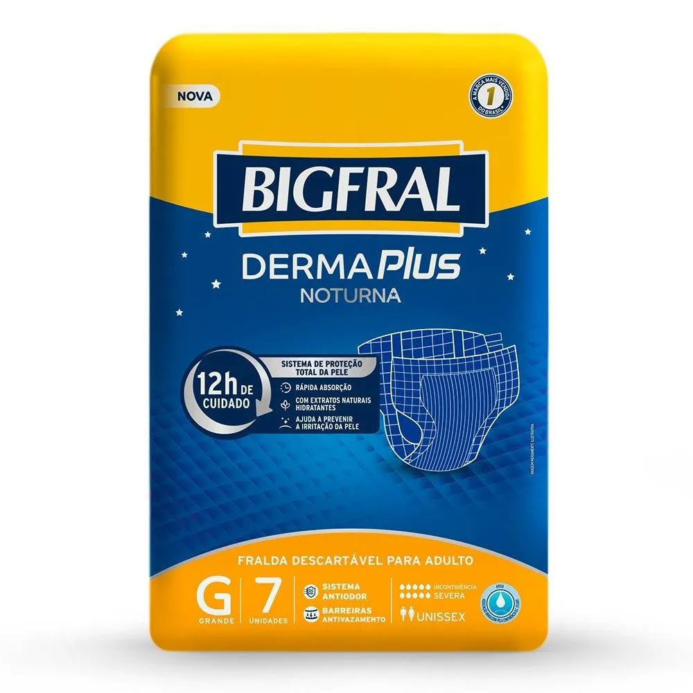 FRALDA GERIáTRICA BIGFRAL DERMA PLUS NOTURNA TAMANHO G - 8 PACOTES COM 7 FRALDAS - TOTAL 56 TIRAS