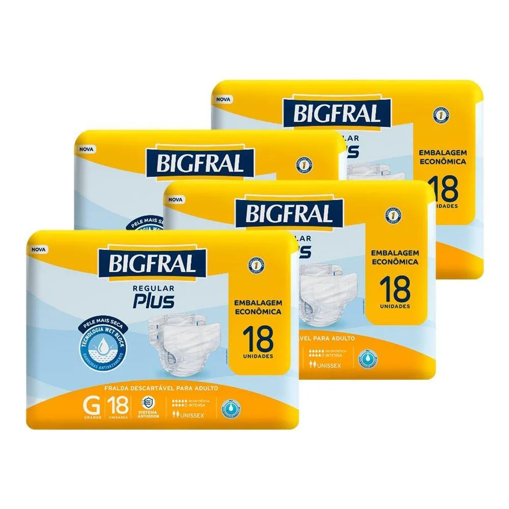 FRALDA GERIáTRICA BIGFRAL PLUS REGULAR TAMANHO G - 4 PACOTES COM 18 FRALDAS - TOTAL 72 TIRAS