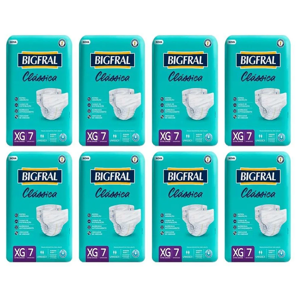 FRALDA DESCARTáVEL ADULTO BIGFRAL CLáSSICA EXTRA GRANDE 8 PACOTES C/ 7 FRALDAS