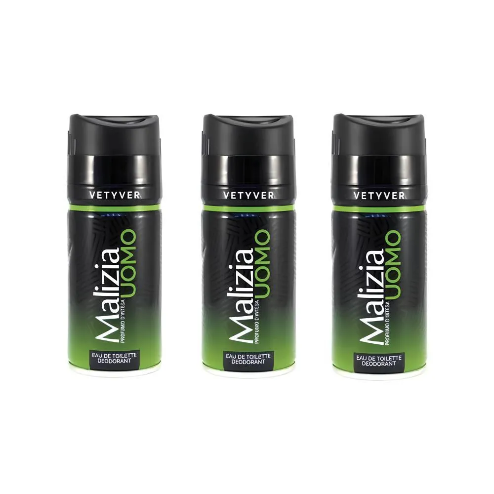 KIT 3 DESODORANTES MALIZIA UOMO VETYVER MASCULINO 150ML