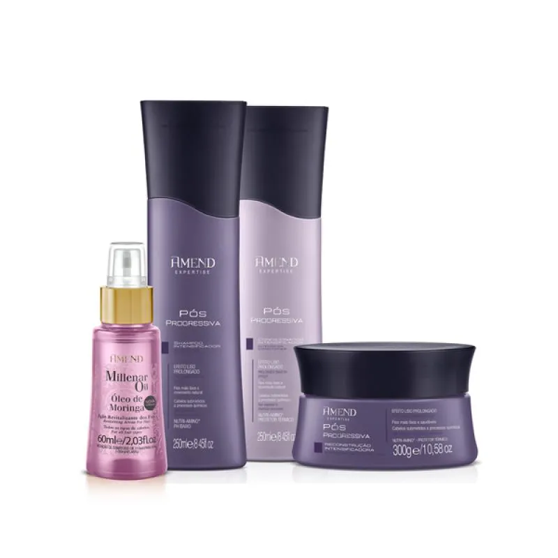 AMEND PóS PROGRESSIVA SHAMPOO 250ML + CONDICIONADOR 250ML + MáSCARA 300ML + ÓLEO MORINGA 60ML