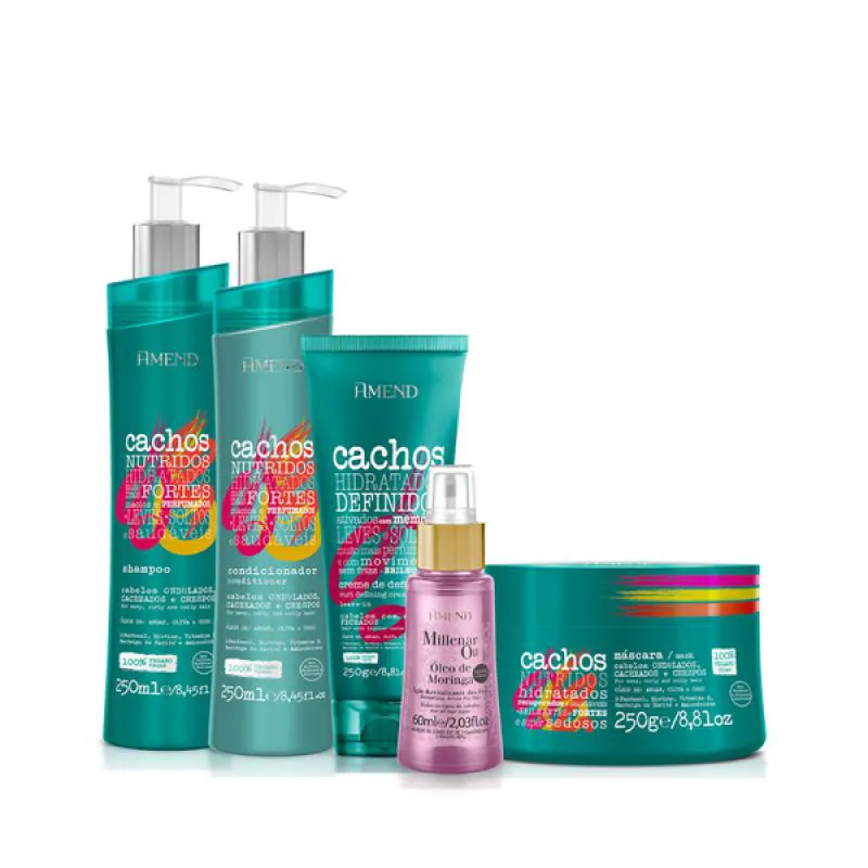 AMEND CACHOS SH 250ML + COND 250ML + MASC 250ML + LEAVE-IN CACHEADO 250ML + MILLENAR OIL MORINGA 60ML