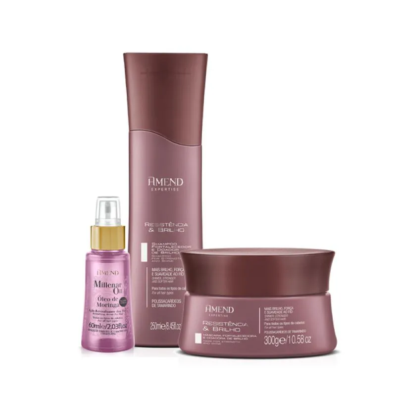AMEND EXPERTISE RESISTêNCIA E BRILHO SHAMPOO 250ML + MASCARA 300ML + MILLENAR OIL MORINGA 60ML