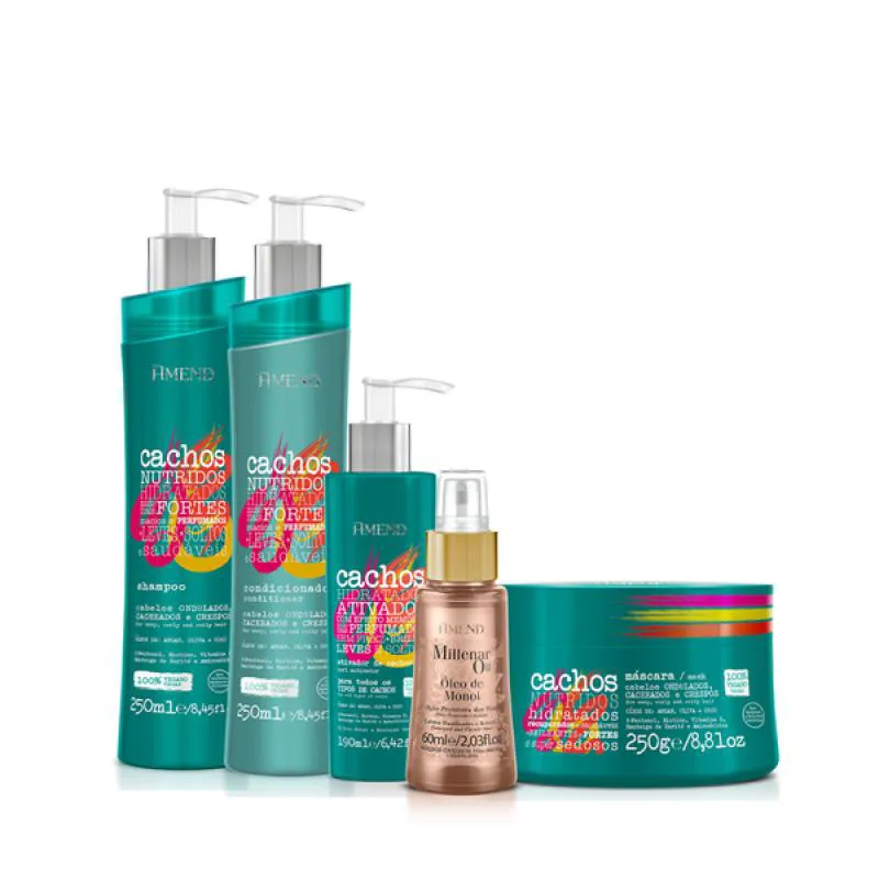 AMEND CACHOS SH 250ML + COND 250ML + MASC 250ML + ATIVADOR DE CACHOS 190ML + MILLENAR OIL MONóI 60ML