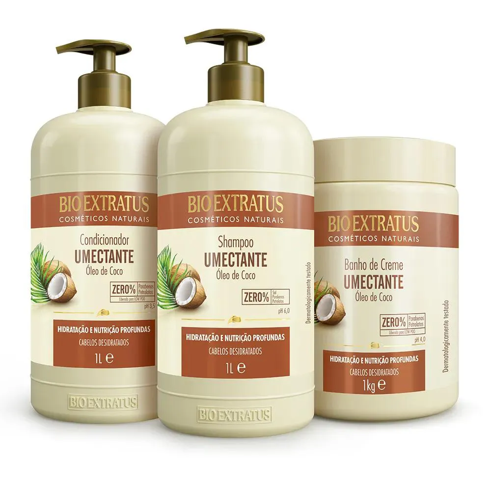 KIT BIO EXTRATUS UMECTANTE ÓLEO DE COCO SHAMPOO CONDICIONADOR MáSCARA 1L/KG