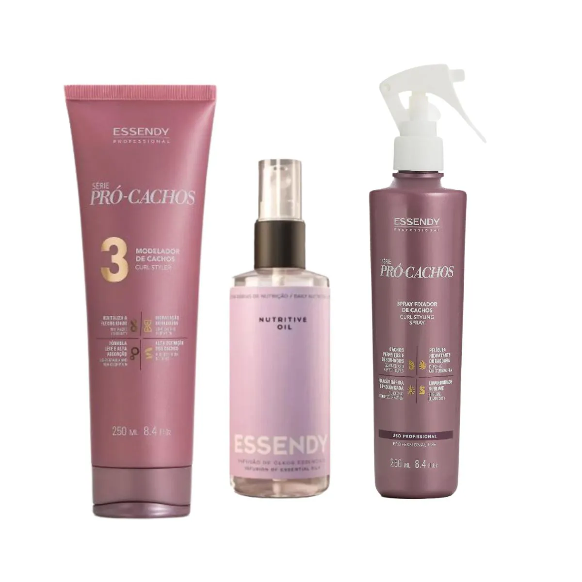 KIT ESSENDY PRÓ CACHOS FINALIZAÇÃO ÓLEO + MODELADOR + SPRAY