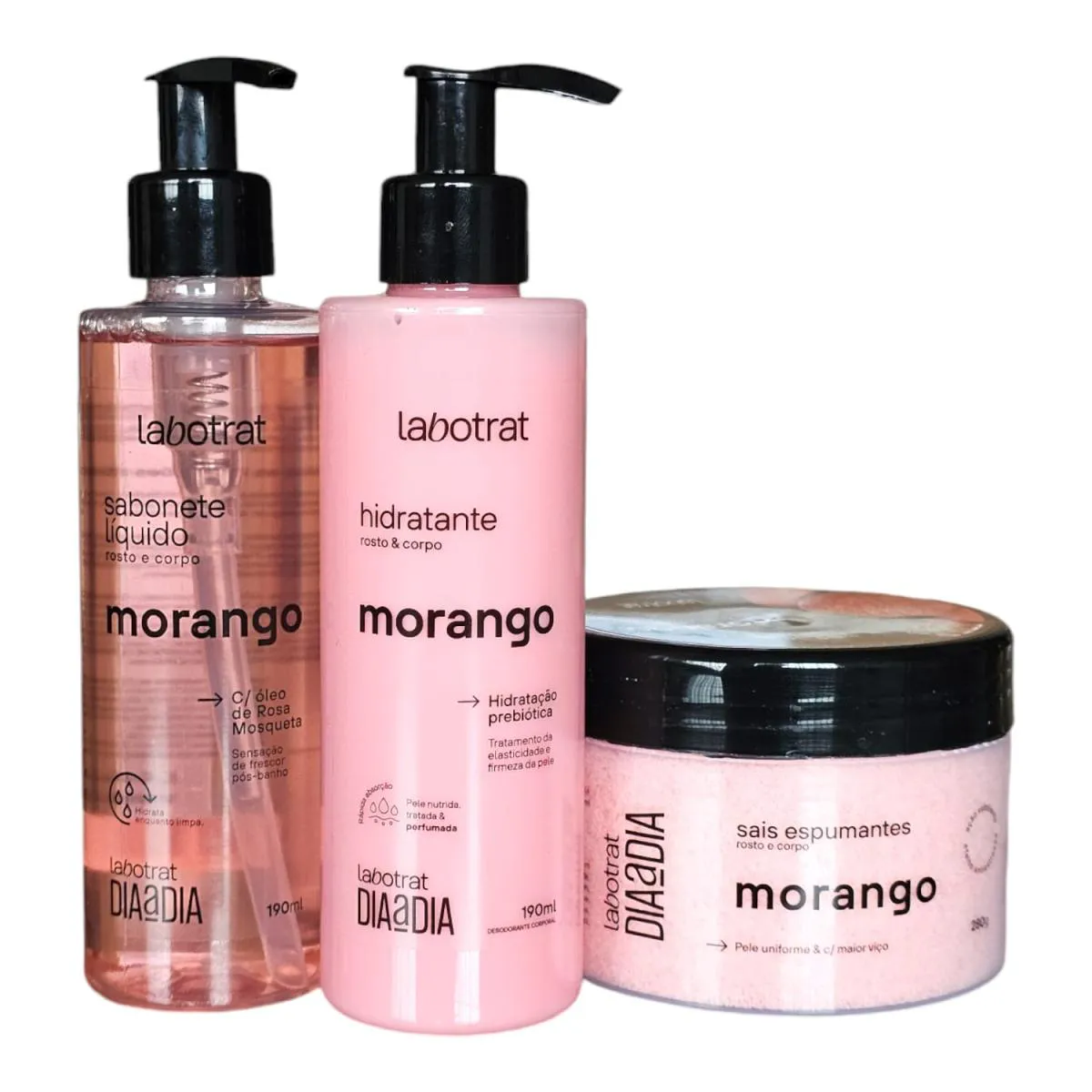 KIT LABOTRAT DIA A DIA MORANGO - HIDRATANTE 190ML + SABONETE LíQUIDO 190ML + SAIS ESPUMANTES 280G
