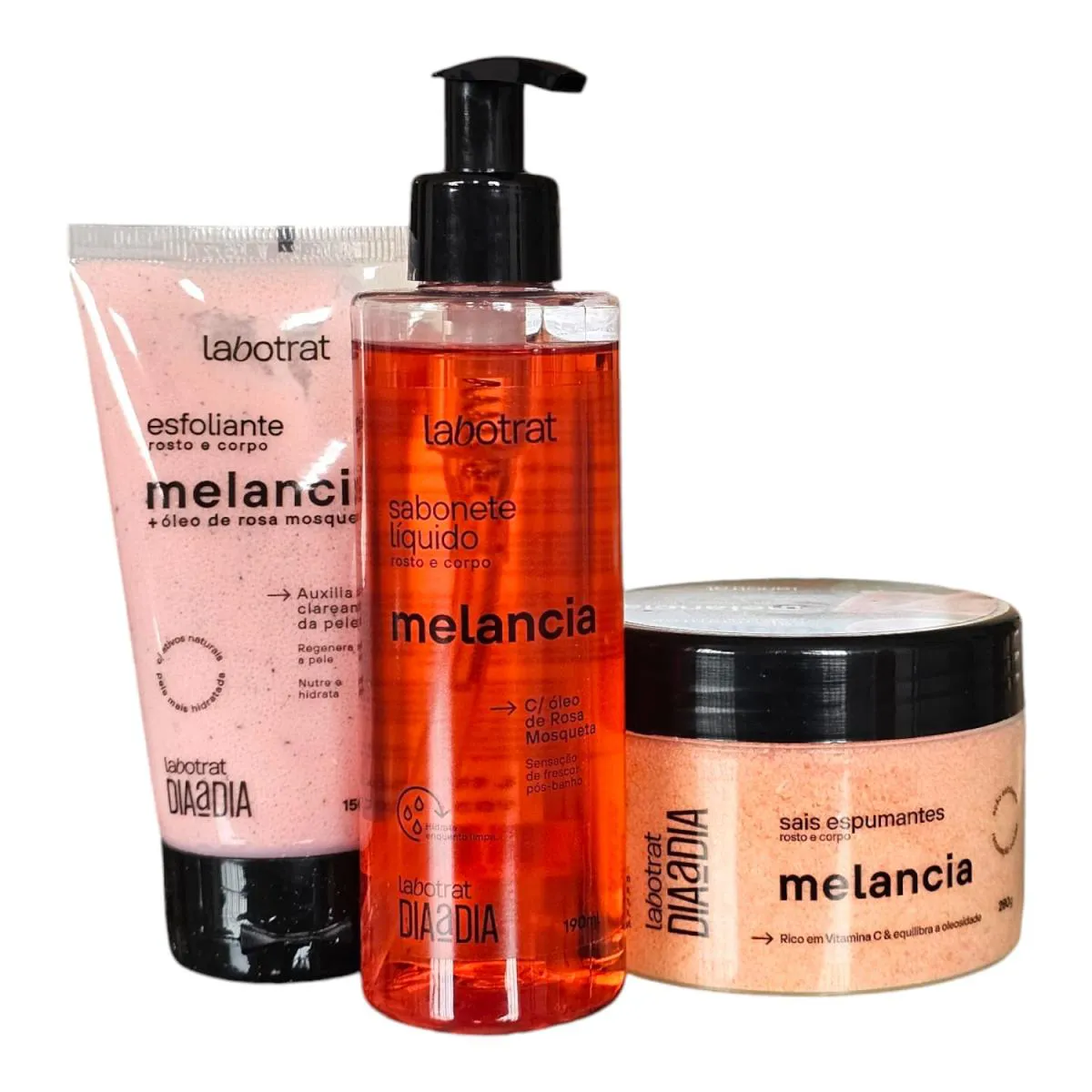 KIT LABOTRAT DIA A DIA MELANCIA - SABONETE LíQUIDO 190ML + ESFOLIANTE 150G + SAIS DE ESPUMA 280G