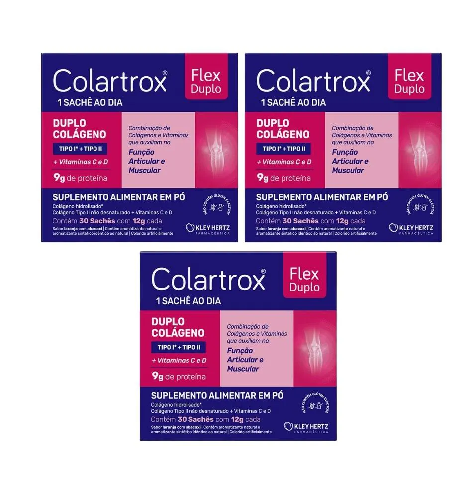 KIT 3 COLARTROX COLáGENO FLEX DUPLO 30 SACHêS - KLEY HERTZ