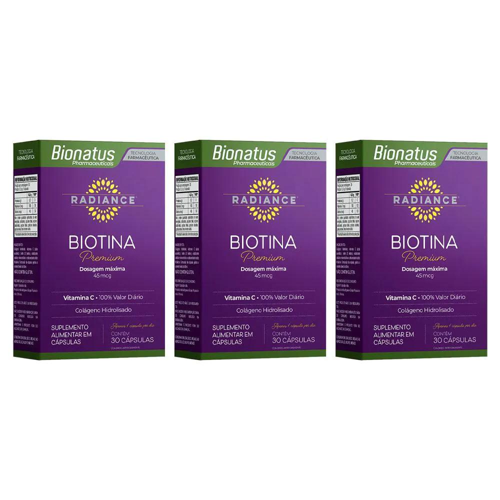 KIT 3 BIOTINA PREMIUM RADIANCE DOSE MáXIMA 30CPS - BIONATUS