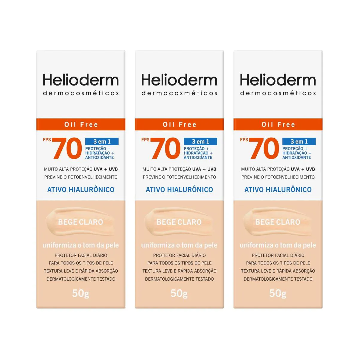 KIT 3UN PROTETOR FACIAL FPS 70 BEGE CLARO 50G HELIODERM - KLEY HERTZ