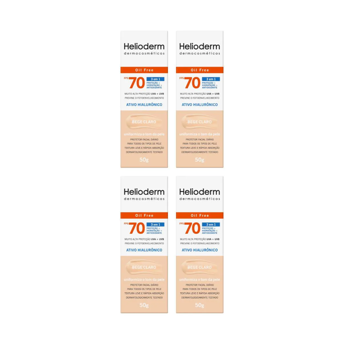 KIT 4UN PROTETOR FACIAL FPS 70 BEGE CLARO 50G HELIODERM - KLEY HERTZ