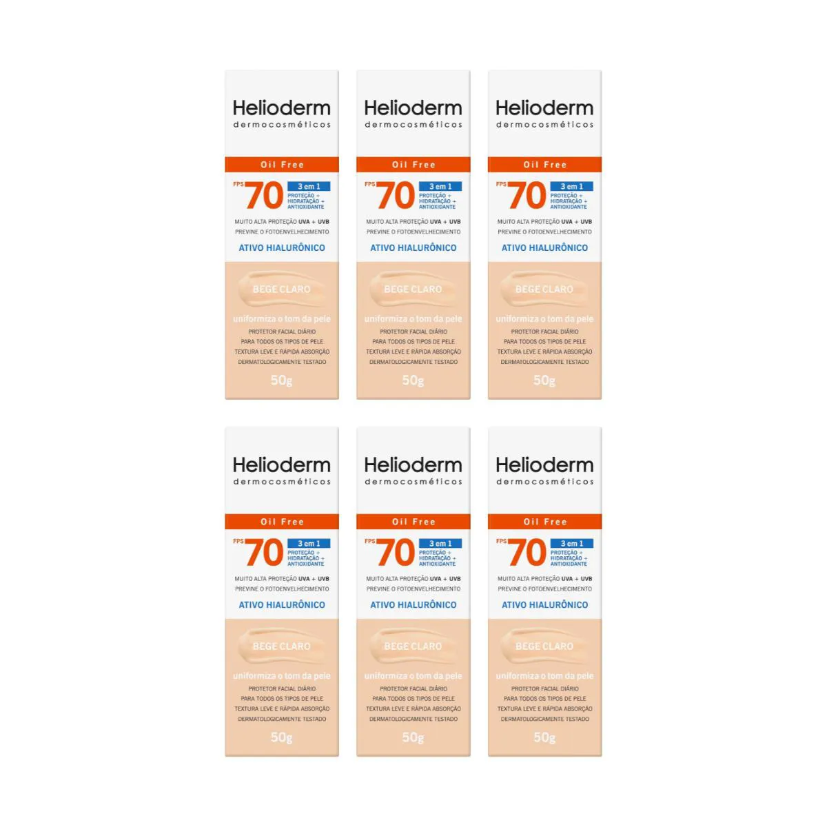 KIT 6UN PROTETOR FACIAL FPS 70 BEGE CLARO 50G HELIODERM - KLEY HERTZ