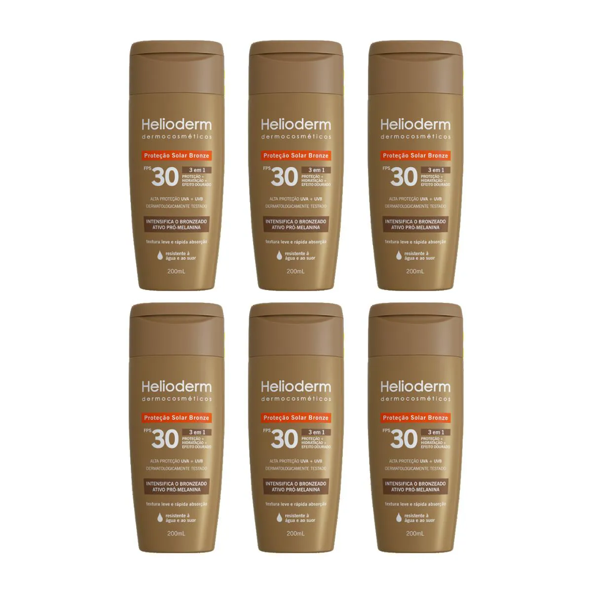 KIT 6UN PROTETOR SOLAR BRONZE HELIODERM 3 EM 1 FPS 30 - 200ML - KLEY HERTZ