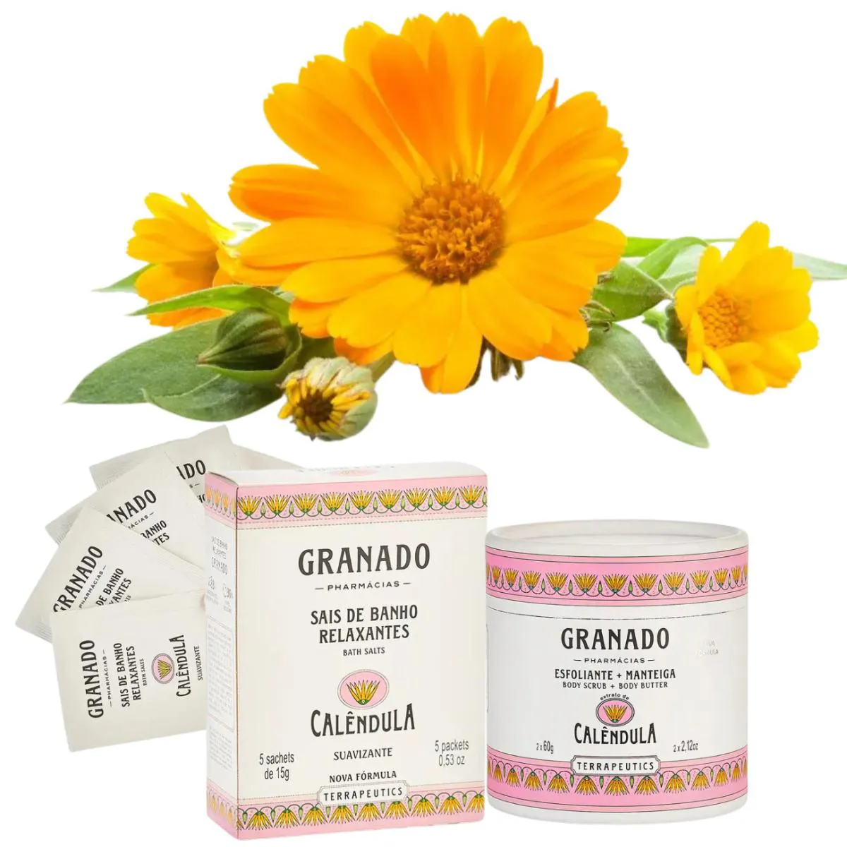KIT ESFOLIANTE E MANTEIGA CALêNDULA + SAIS DE BANHO GRANADO