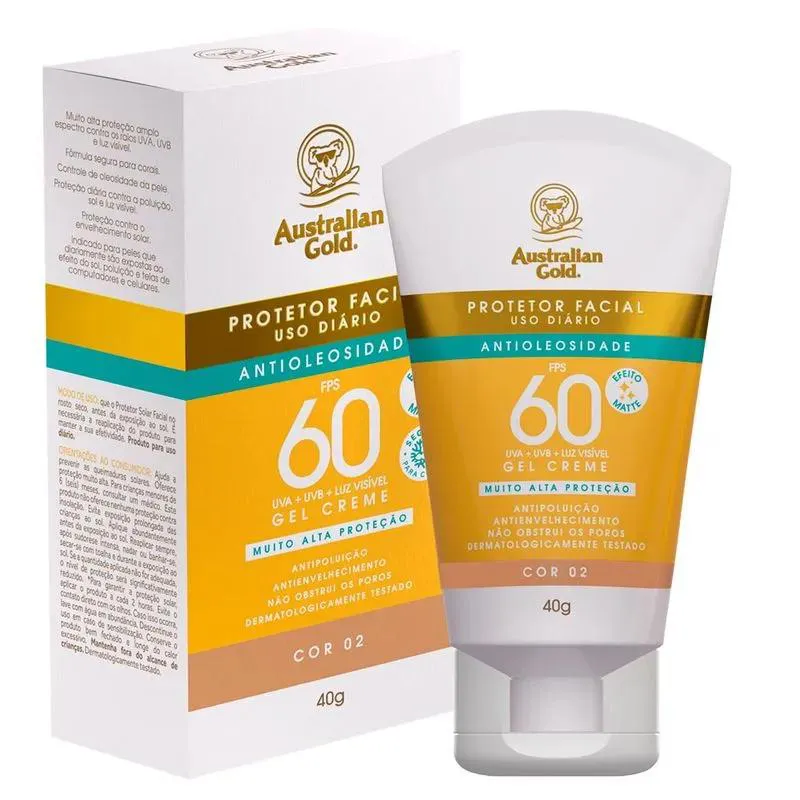 PROTETOR SOLAR FACIAL GEL CREME COR 2 FPS 60 AUSTRALIAN GOLD 40G