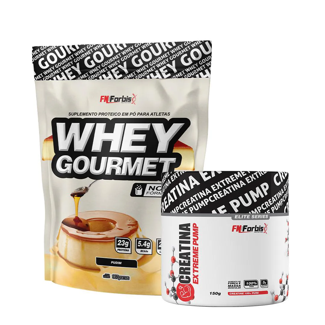 KIT WHEY PROTEIN GOURMET REFIL 907G + CREATINA EXTREME PUMP ELITE SERIES 150G - FN FORBIS NUTRITION Pudim