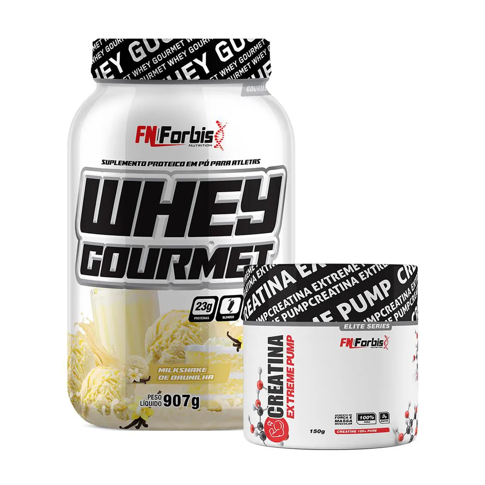 KIT WHEY PROTEIN GOURMET POTE 907G + CREATINA EXTREME PUMP ELITE SERIES 150G - FN FORBIS NUTRITION Baunilha ICE Cream