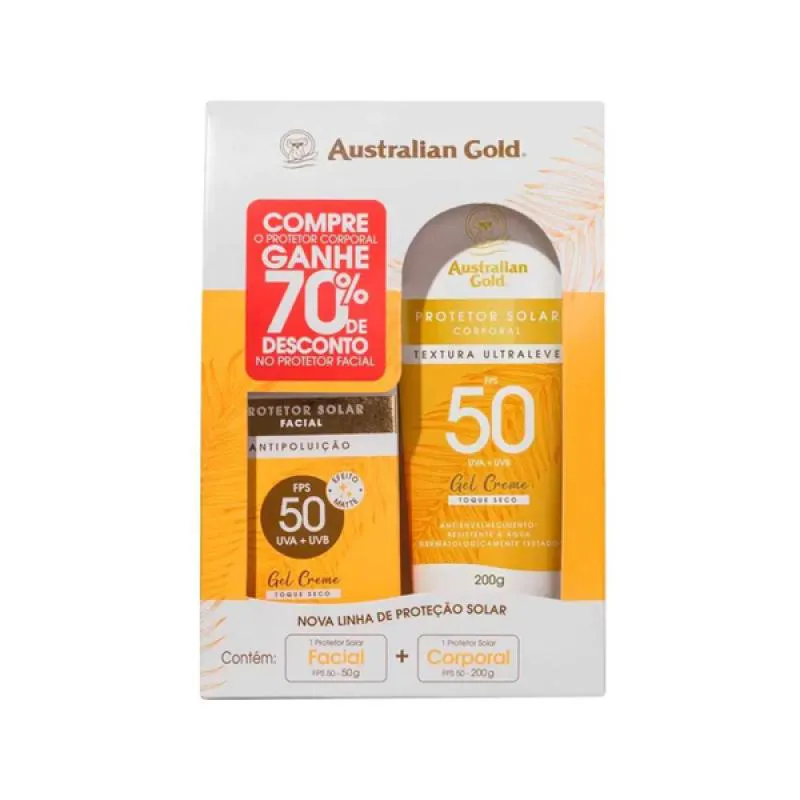 AUSTRALIAN GOLD PROTETOR CORPO FPS50 200G + ROSTO FPS50 50G
