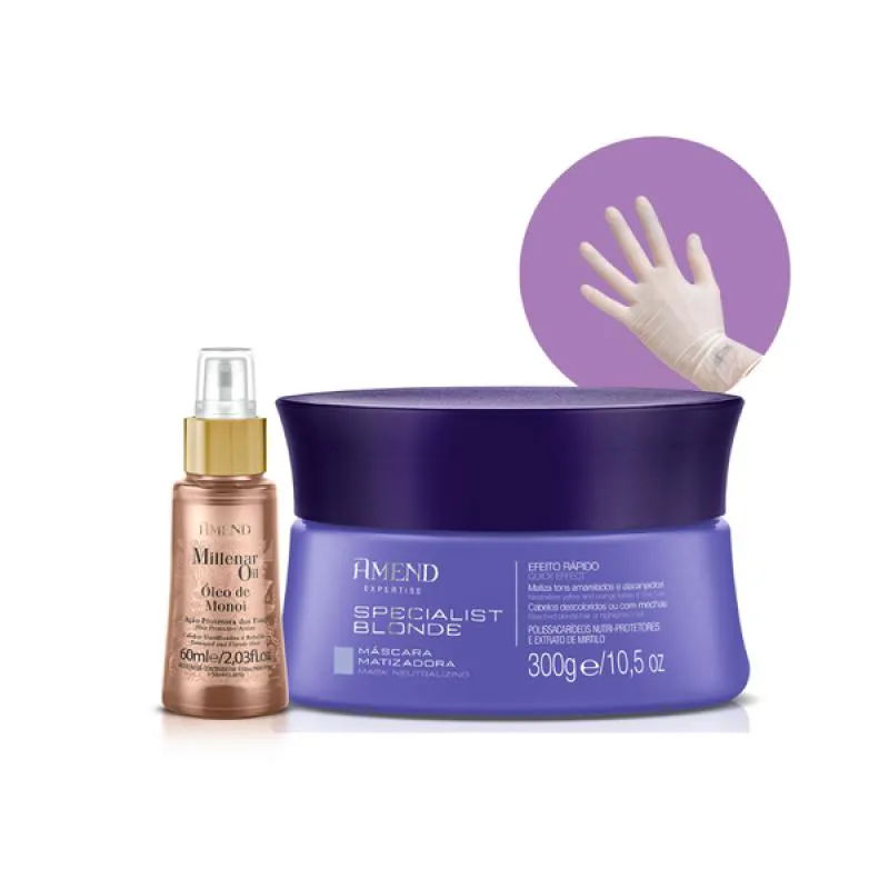 AMEND REALCE DA COR MASCARA MATIZADORA SPECIALIST BLONDE + MILLENAR OIL MONóI 60ML + LUVA