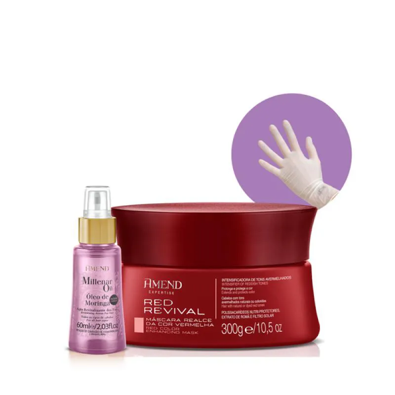 AMEND REALCE DA COR MASCARA MATIZADORA RED REVIVAL + MILLENAR OIL MORINGA 60ML + LUVA