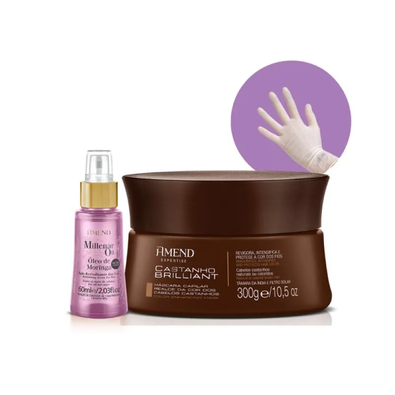 AMEND REALCE DA COR MASCARA MATIZADORA CASTANHO BRILLIANT 300ML + MILLENAR OIL MORINGA 60ML + LUVA