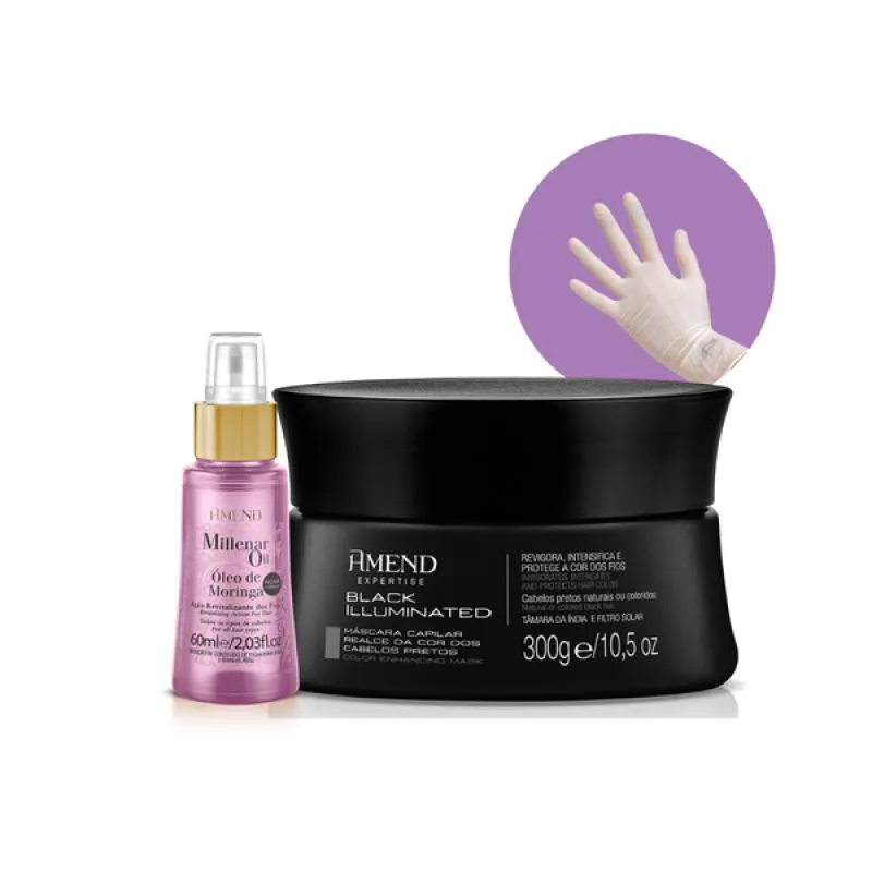 AMEND REALCE DA COR MASCARA MATIZADORA BLACK ILLUMINATED 300ML + MILLENAR OIL MORINGA 60ML + LUVA